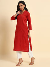 Thread Plus Cotton Flax Straight Kurti In Red Color For Women